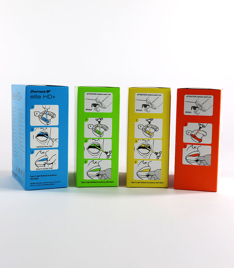 Packaging Zhermack con stampa a tre colori e verniciatura acrilica superlucida, realizzato da Grafica Atestina