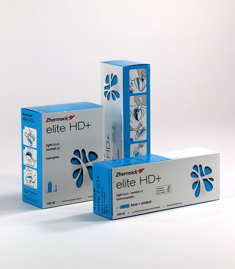 Astucci farmaceutici Zhermack con stampa personalizzata e finitura lucida, realizzati da Grafica Atestina