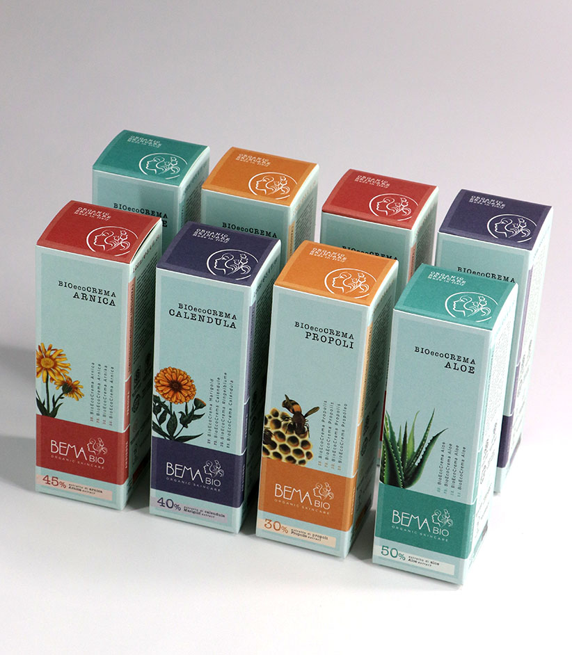 Packaging cosmetico BIOecoCREMA con stampa quadricromia e verniciatura acrilica, realizzato da Grafica Atestina