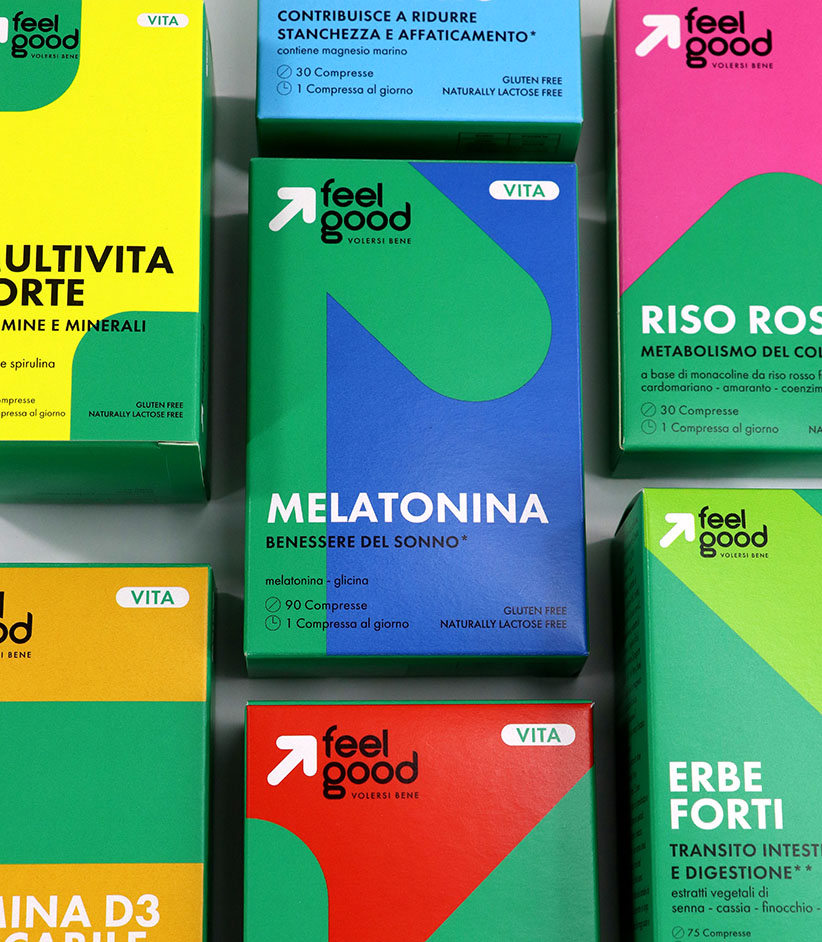 Dettaglio degli astucci Feel Good multivitaminici con finitura opaca realizzati da Grafica Atestina