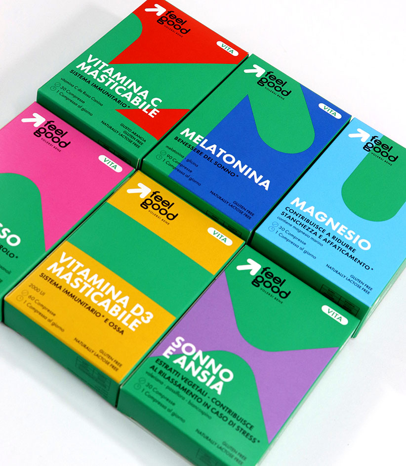 Packaging in cartoncino bianco con stampa a colori della linea Vita Feel Good realizzati da Grafica Atestina