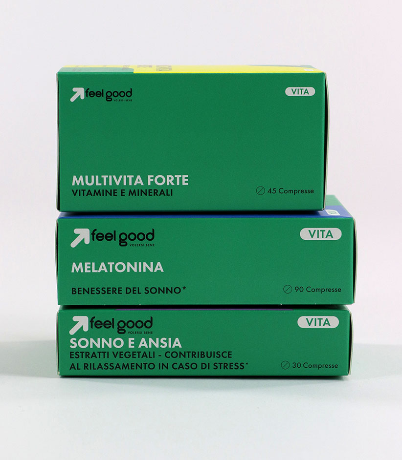 Astucci premium Feel Good linea Vita per integratori alimentari realizzati da Grafica Atestina
