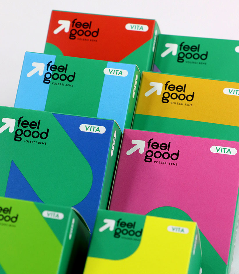 Astucci colorati Feel Good linea Vita per prodotti nutraceutici realizzati da Grafica Atestina