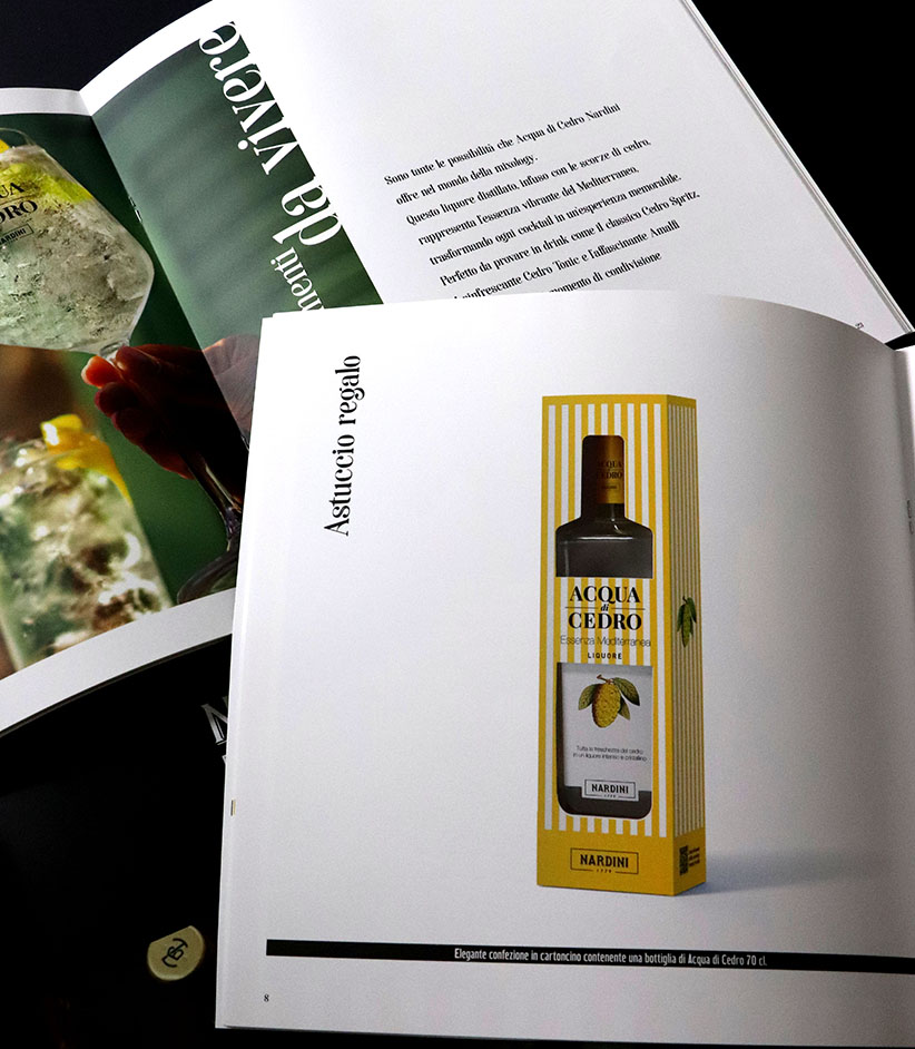 Catalogo promozionale Distilleria Nardini con stampa 4/4 colori e serigrafia digitale spessorata.