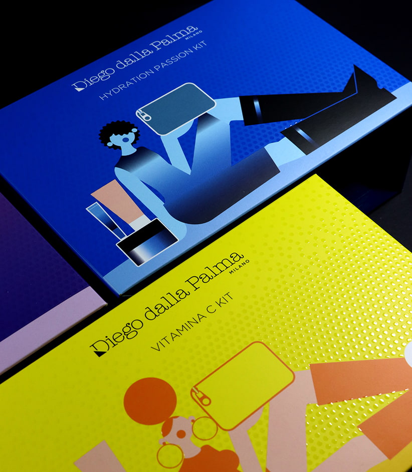 Dettaglio stampa in quadricromia e Pantone su cofanetto cosmetico Diego Dalla Palma più Uv serigrafico.