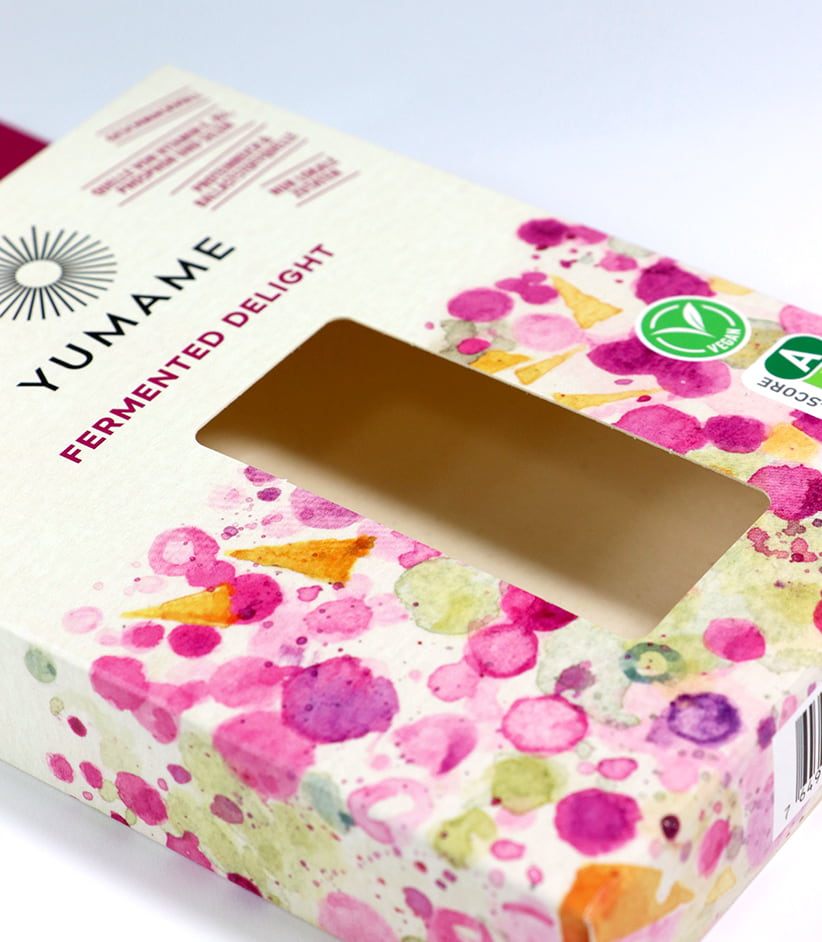 Packaging Yumame per esposizione nei banchi frigo con vernice opaca