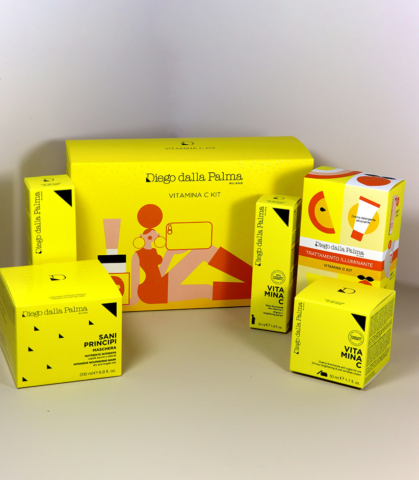Linea completa packaging cosmetico di lusso Diego Dalla Palma con colori Pantone vibranti.