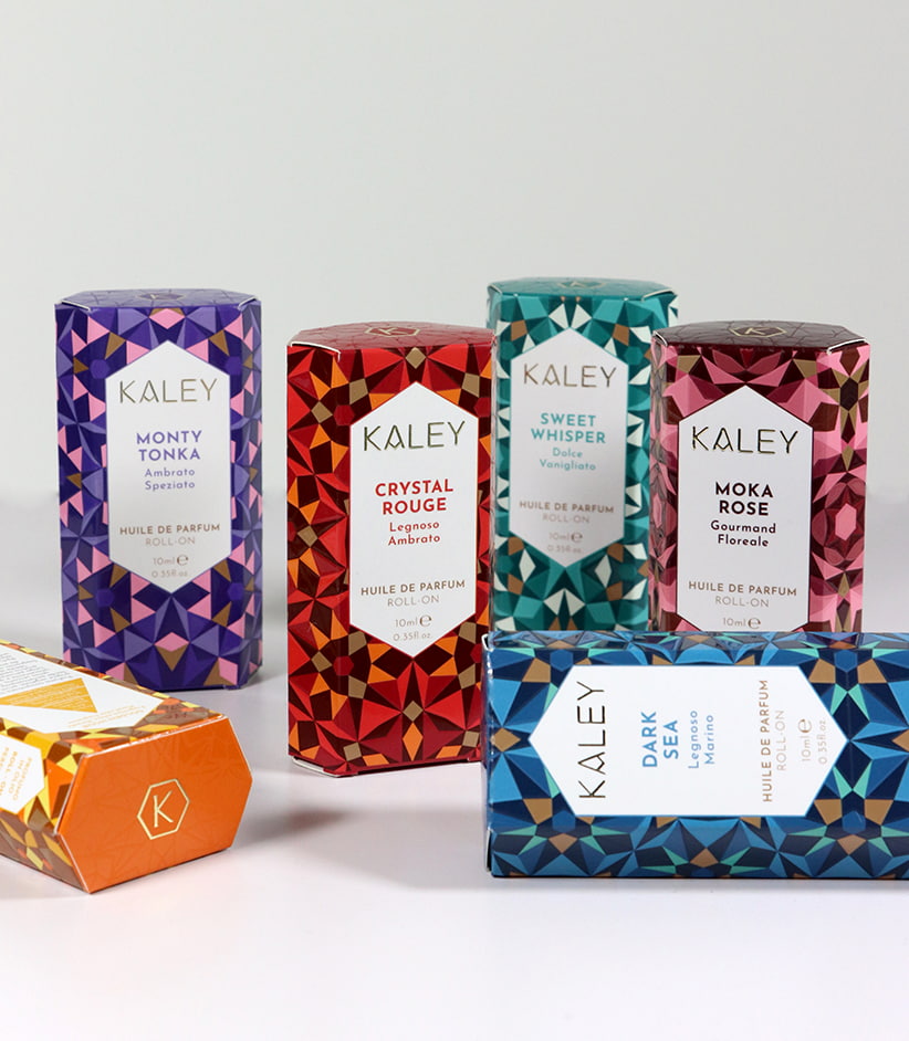 Packaging design per profumo roll-on KALEY con stampa Pantone